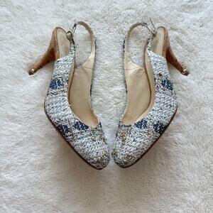 CHANEL Tweed Interlocking CC Blue White Slingback Size 40 EU or 10US Authentic